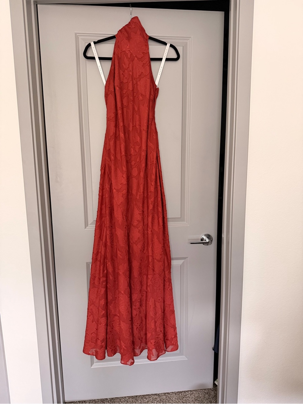 Azazie Red Backless Halter Lace Maxi Dress